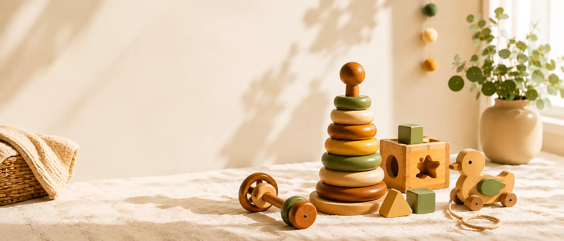 Handmade neem-wood Montessori stacking tower, shape sorter, pull-along duck and rattle on a linen tabletop